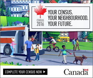 Stylized image of an urban neighbourhood showing adults and children walking and riding bicycles. Image text includes: Census 2016, Your census, Your neighbourhood, your future.